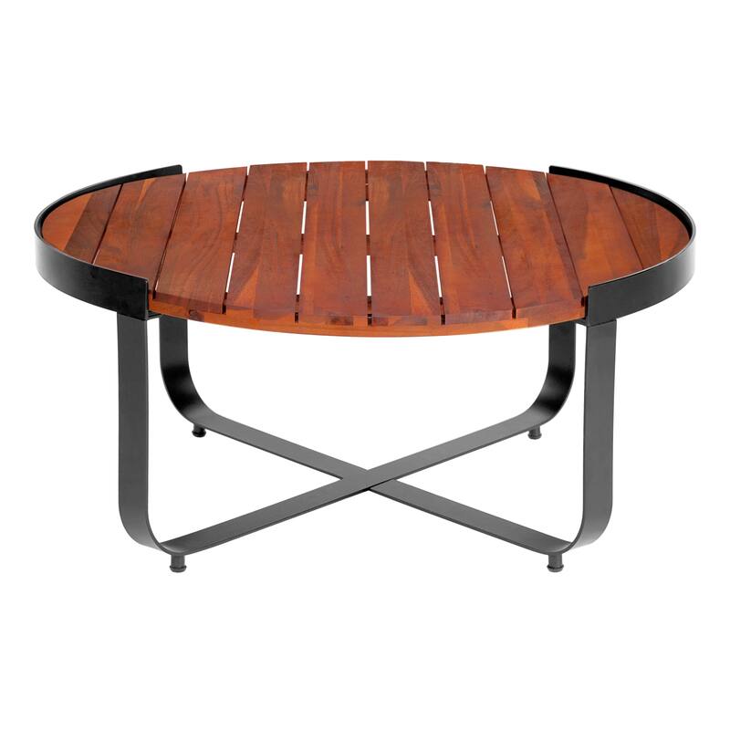 Roomfitters Outdoor Coffee Table with Slatted Mahogany Wood Surface and Sturdy Metal Frame, Modern Patio Accent, Mahogany