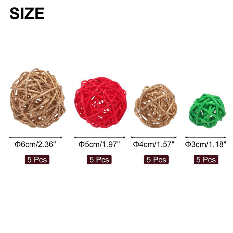 20 Pcs Vase Filler Decorative Balls, 2.4/2/1.6/1.2" Wicker Rattan Decor, Balls Bowl Fillers - Gold/Red/Green