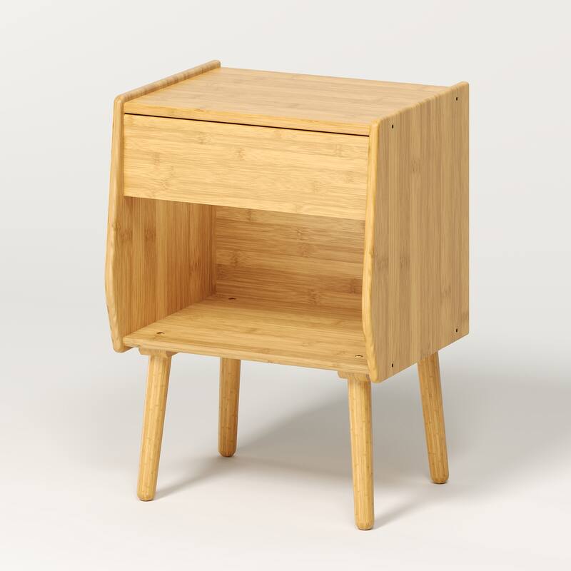 Nightstand With Drawer And Open Compartment, Solid Wood Legs