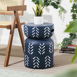 Rafi 18" Modern Bohemian Arrow Pattern Drum Indoor/Outdoor Garden Stool, Navy/White, by JONATHAN Y