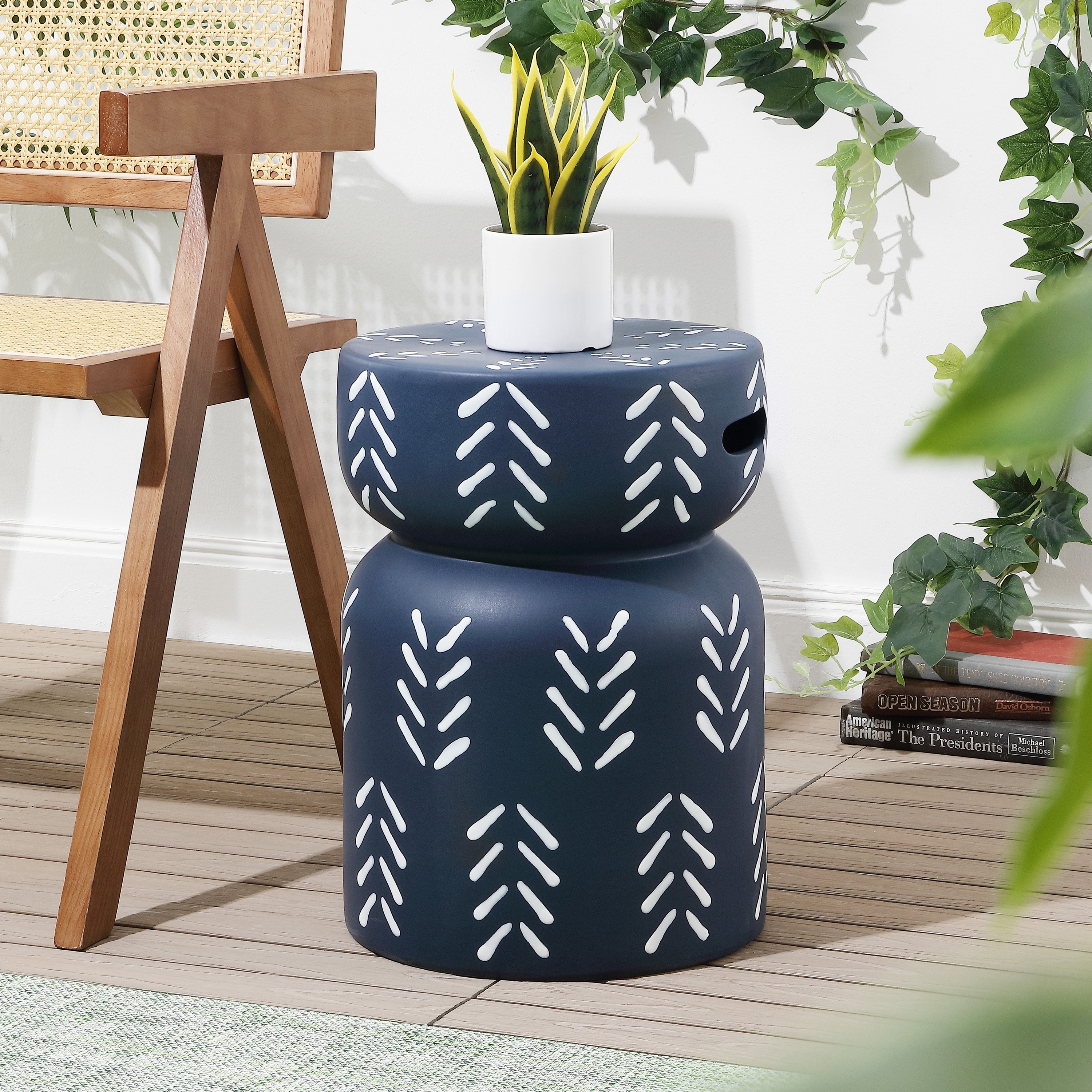 Kiri Bohemian Chevron Hourglass Ceramic Indoor/Outdoor Garden Stool with Handles, Weather-Resistant Accent Side Table