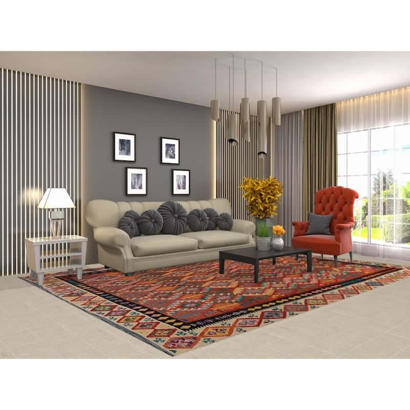 Kilim Oriental Area Rug Reversible Orange Flatweave Wool Carpet - 8'2"x 11'5"