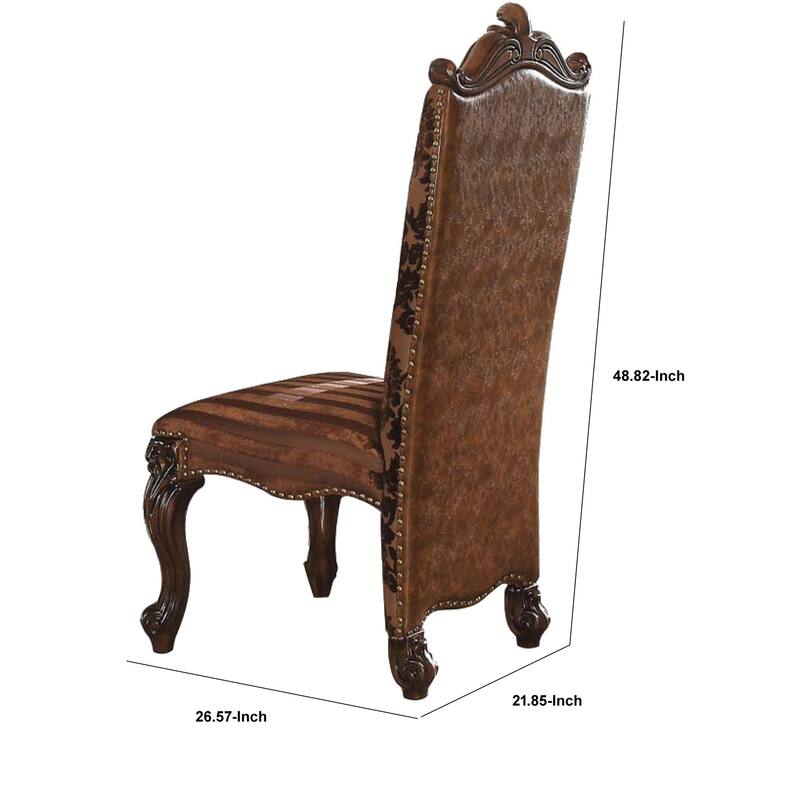 Faux Leather Upholstered Wooden Side Chair with Scrolled Carvings, Brown, Set of 2