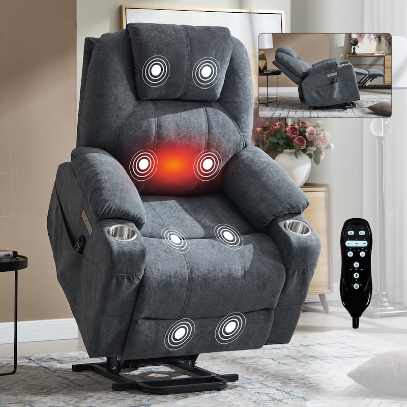 Power Lift Recliner Chair for Elderly Heated Vibration Massage, Lounge Sofa with USB Ports, Cup Holders & Side Pockets
