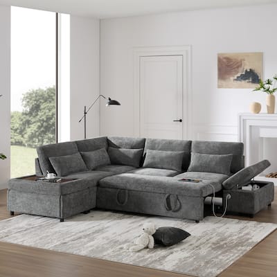 Modular Pull-Out Sectional Sofa Bed with Adjustable Charging Armrest and Storage Ottoman for Living Room Apartment