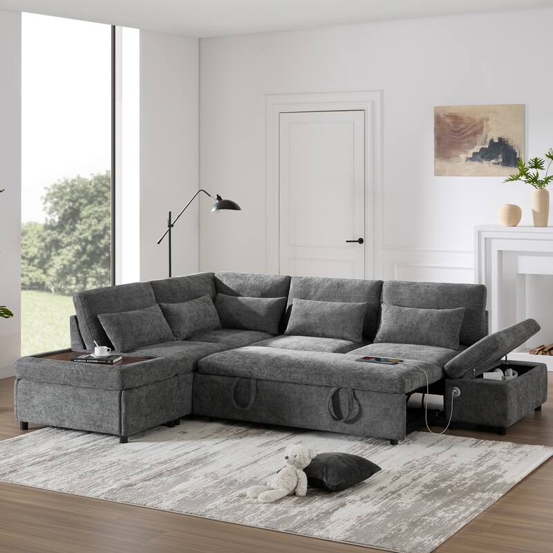 Roomfitters Modular Pull-Out Sofa with Storage Ottoman, L-Shaped Oversized Chenille Sectional for Apartment