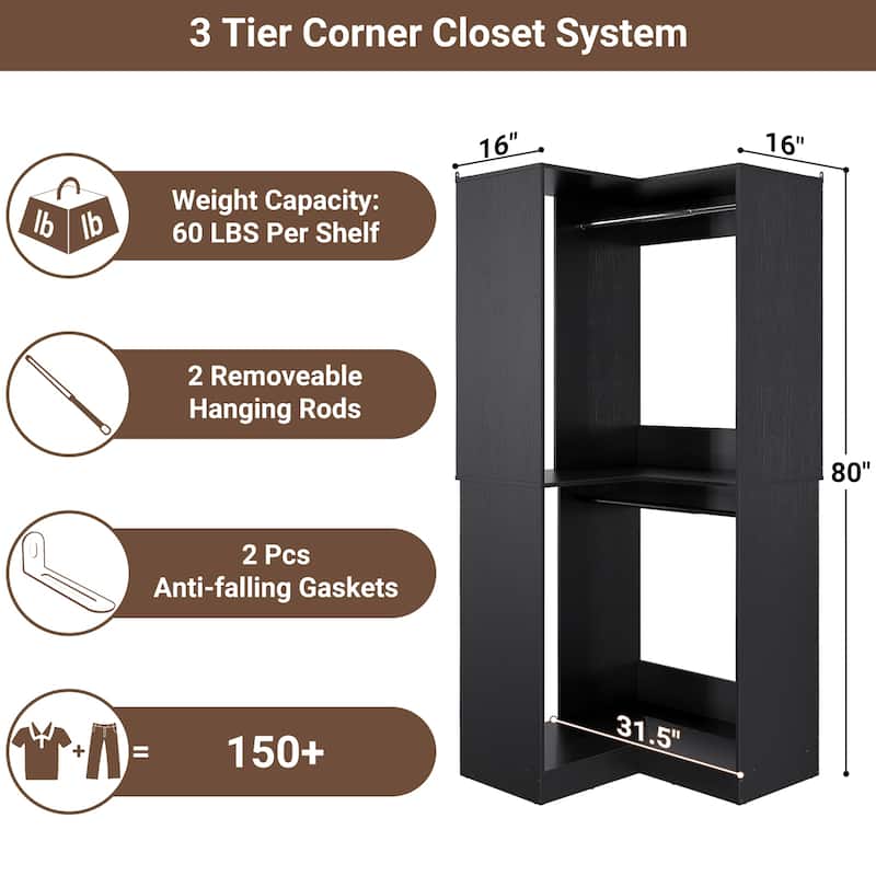 Vryon Corner Closet Organizer, Space-saving Closet System with Hanging Rods for Walk-in Closet