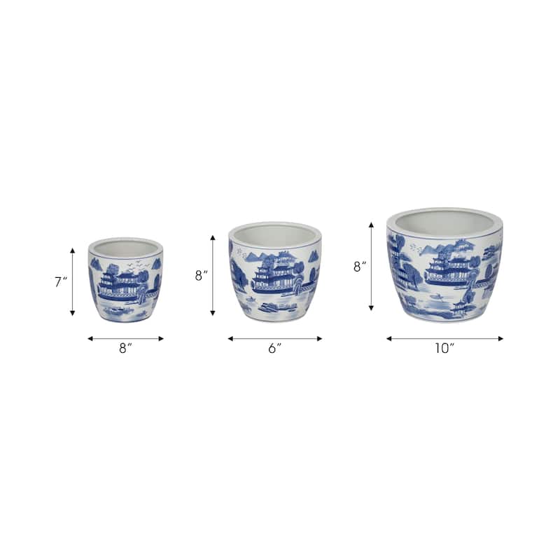 Set of 3 Ceramic Planters Contemporary Vintage Style Blue and White Planters with Chinoiserie Style Design for Home or