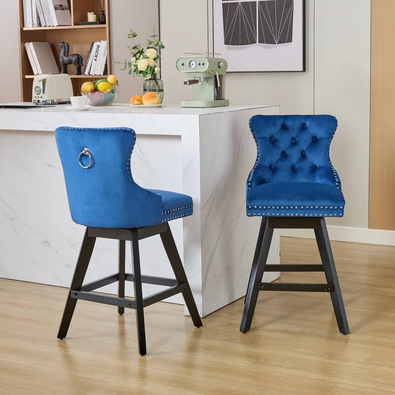 Swivel Bar Stools Set of 2, Velvet Counter Height Barstools with Wooden Legs, Kitchen Island Chairs with Button Backrest