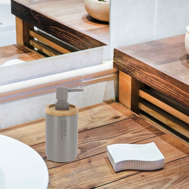 Elegant Soap Dispenser - Polyresin and Bamboo Design, Refillable Liquid Pump - 3 L x 3 W X 7 h