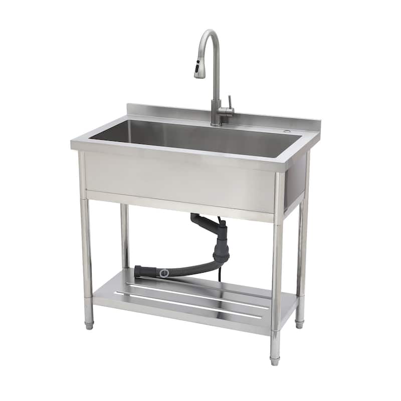 36 Inch Freestanding Integrated Single Bowl 18 Gauge Stainless Steel Kitchen Sink with Pull-Out Faucet - 36'' x 21'' x 35.5''