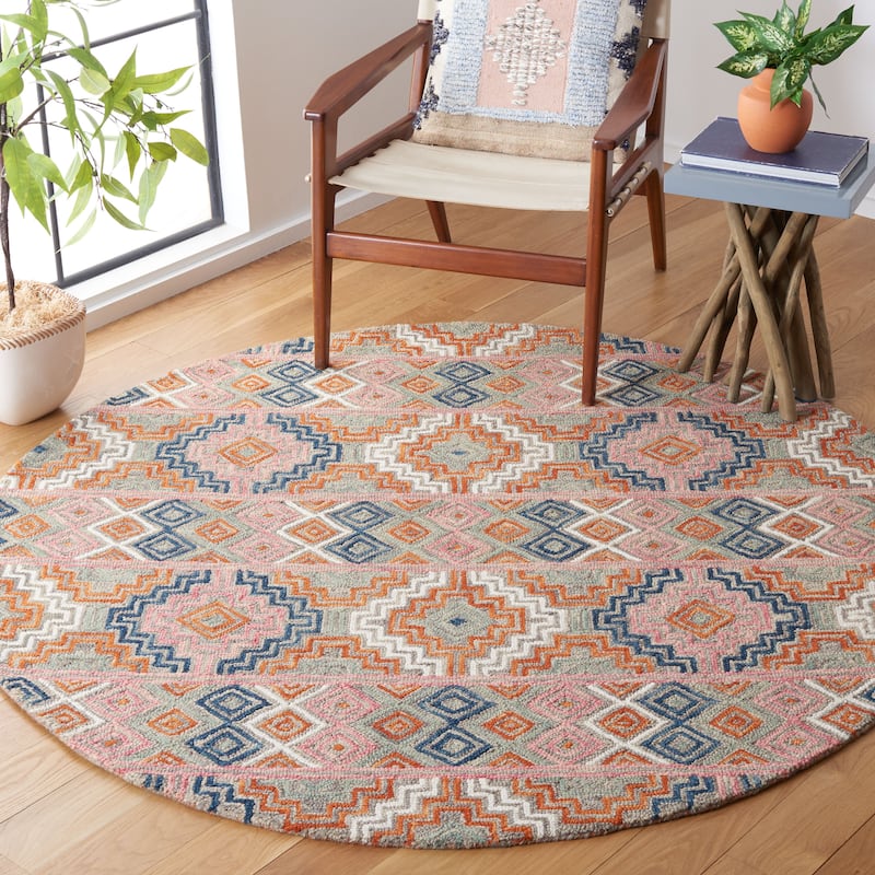 SAFAVIEH Handmade Aspen Perline Bohemian & Eclectic Tribal Wool - 5' Round - Orange/Fuchsia