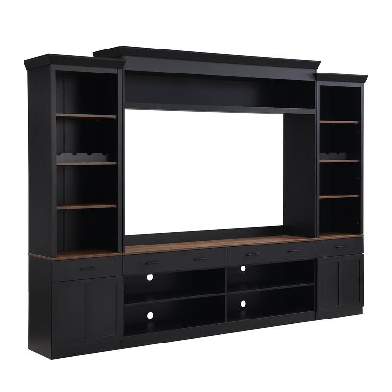 4-Piece, Farmhouse-style TV Stand, for TVs up to 70 Inches with 4 Drawers, Bookshelf and Wine Rack, for Living Rooms