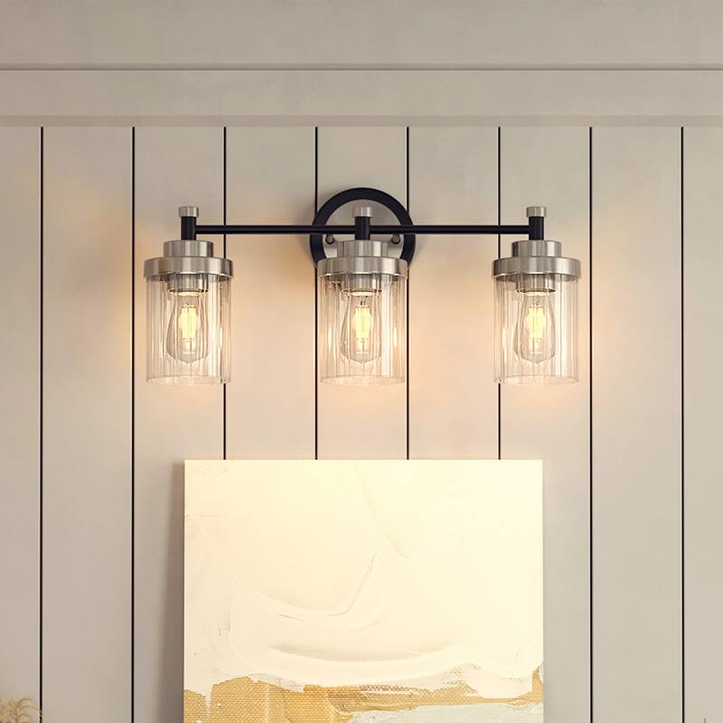 Modern Dimmable Vanity Light with Clear Ribbed Glass Shades E26 Sockets - 18 in - Black & Nickel