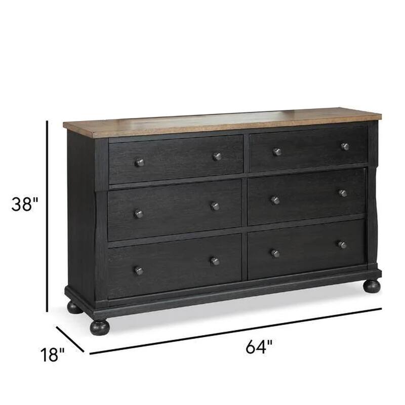 Ginie 64 Inch Dresser, 5 Drawers and Farmhouse Legs, Black Brown Oak