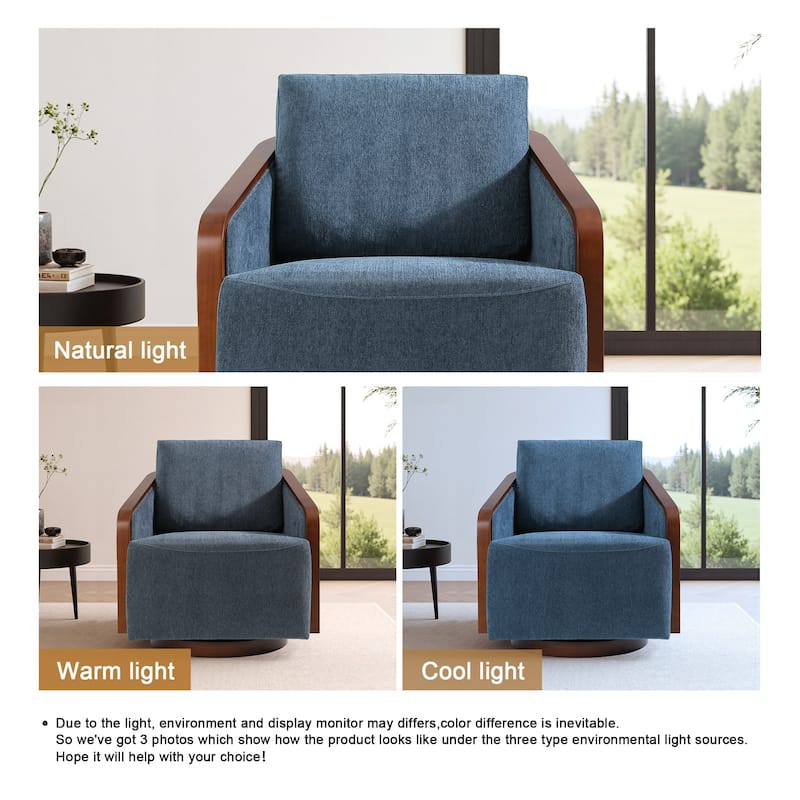 Upholstered Swivel Barrel Chair with Curved Wood Arms