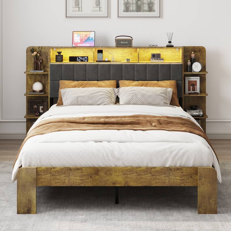 Queen Platform Bed with Storage, LED Lights & Charging Station
