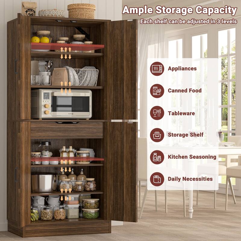 71" Kitchen Pantry with 4 Doors ＆ Large Drawer，Storage Cabinet with 6 Adjustable Shelves for Dining Room Living Room