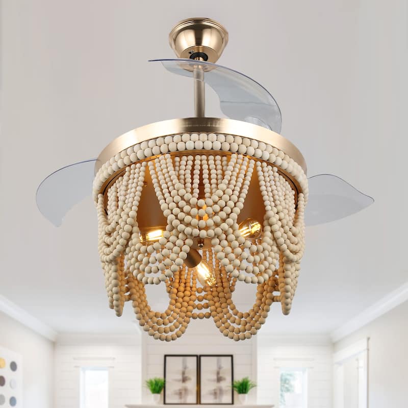 Bella Depot 42" Bohemian Retractable Ceiling Fan with Remote and Light 6-speed Modern Wood Chandelier - Gold