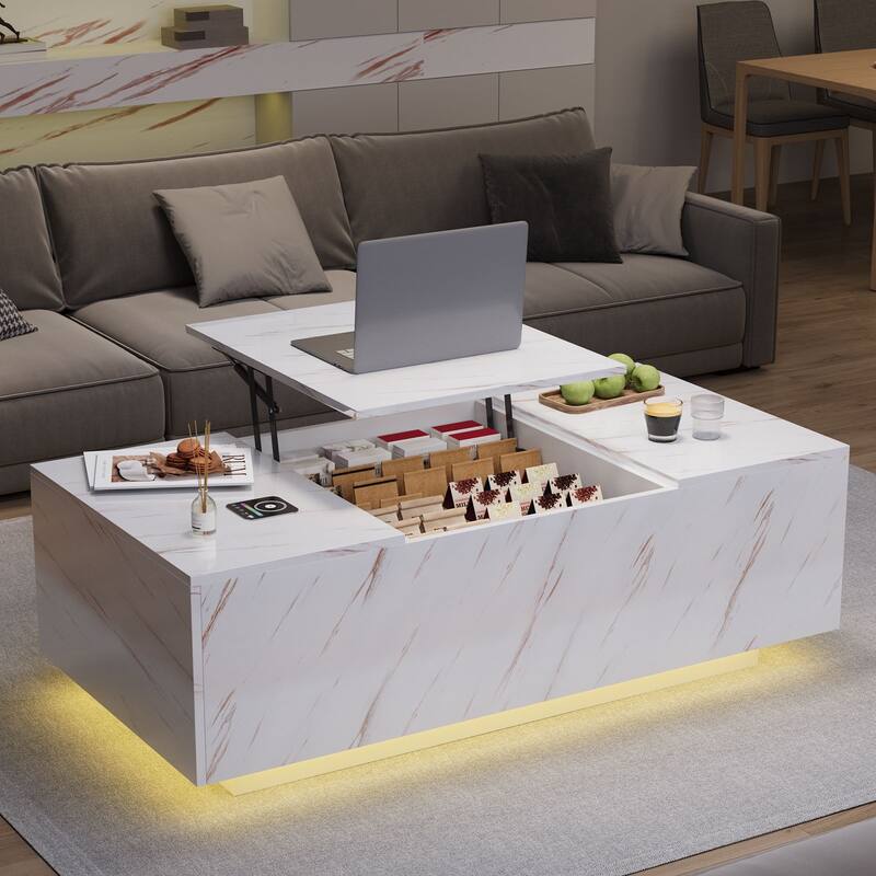 47.2" LED Lift Top Coffee Table with Wireless Charging & Bluetooth Speaker, Smart Storage Drawer, RGB Lights