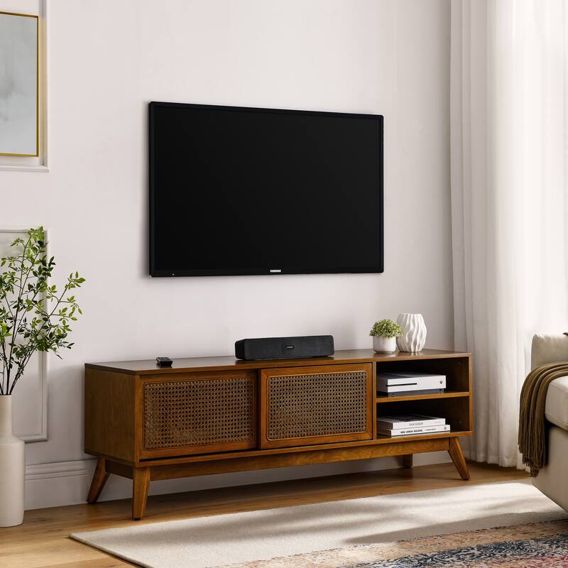 Brown Ebony 59" TV Stand with Open Shelves and Rattan Cabinet Doors for TVs Up to 65"