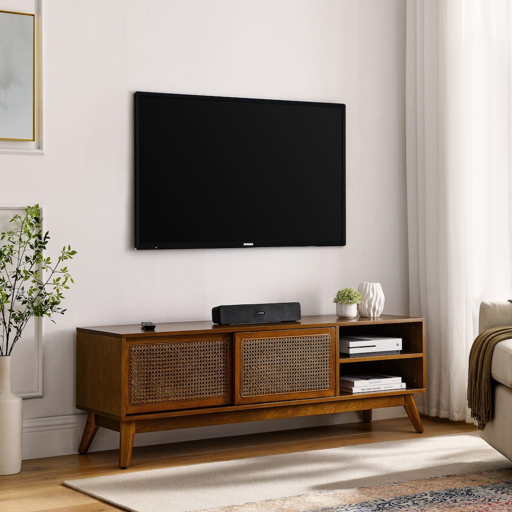 Mid Century Modern 59" TV Stand for TVs up to 65", Entertainment Center Cabinet Media Console with Open Shelves and Rattan Doors