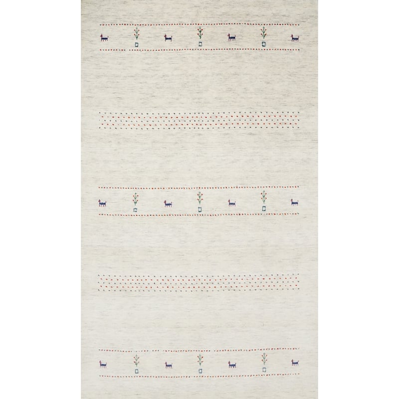 Hand Knotted Oriental 100% Wool Carpet Tribal Animal Pictorial Beige & Ivories Gabbeh Area Rug - 7' 9'' X 5' 1''