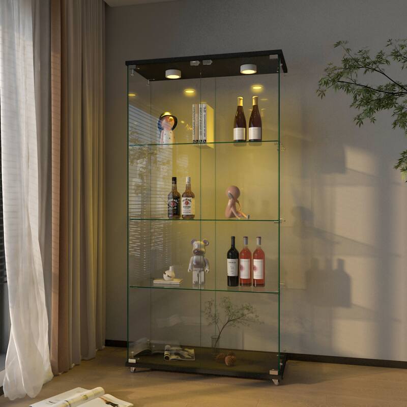 Modern Glass Display Cabinet with LED lights, Quick-assembly Antique Cabinet, Tempered Glass Bookshelf