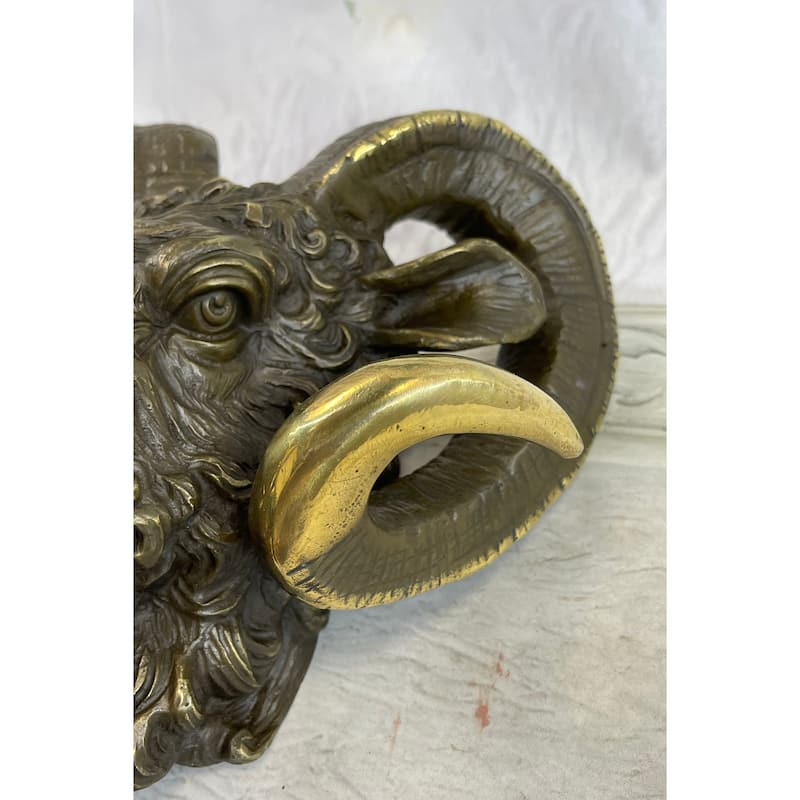 Signed Original Mascot Ram Head Bronze Sculpture Marble Base Statue Figurine Art