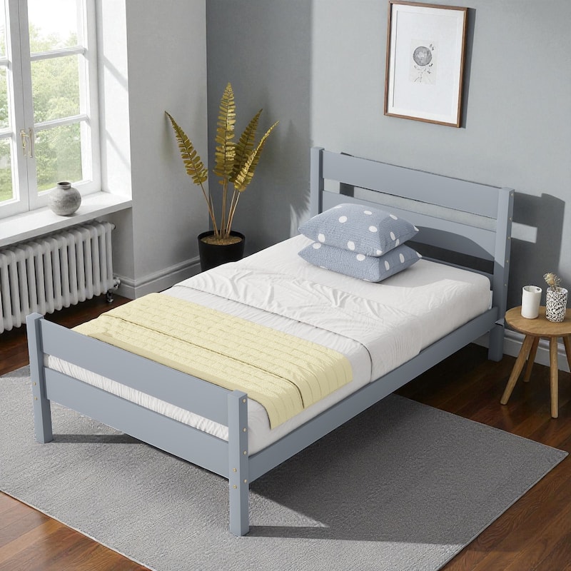 Twin Bed with Headboard and Footboard, Solid Rubber Wood Frame with Under-Bed Storage and Durable Slat Support - Grey - Twin