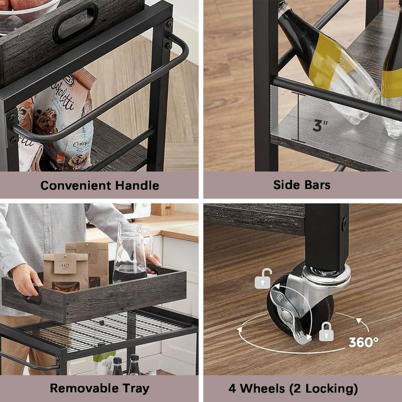 3-Tier Kitchen Serving Cart on Wheels with Storage, Leveling Feet