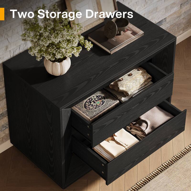 35.43" W Oversized Nightstand, Oak Large Night Stand with Drawers