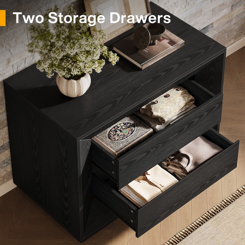 35.43" Wide Nightstand, Oak Large Night Stand with Drawers