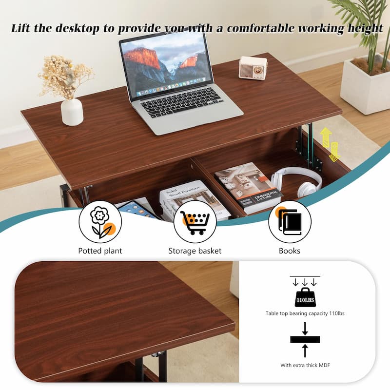 Metal Coffee Table with Lifting Top and Hidden Storage Space, Removable Wicker Baskets