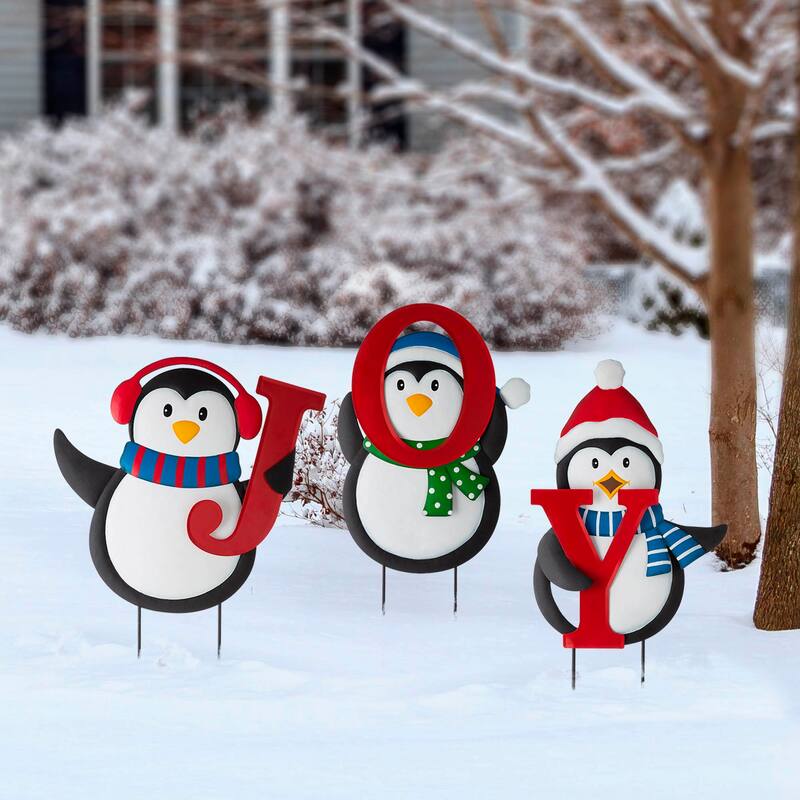 Glitzhome 42"H Christmas Metal "JOY" Penguin Yard Stake or Wall Decor - Multi-color
