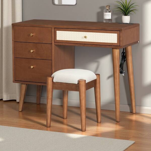 slide 2 of 17, 39" Wood Bohemian Vanity Set with USB Ports, 4 Drawers and Rattan Accents and Cushioned Stool Walnut