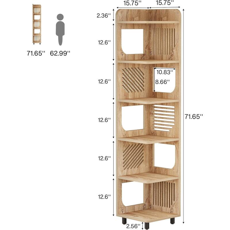 6-Tier Corner Shelf, Rustic Tall Corner Bookshelf for Living Room, Bedroom, Office