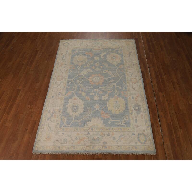 Vegetable Dye Floral Oushak Turkish Area Rug Handmade Blue Wool Carpet - 5'1"x 8'4"