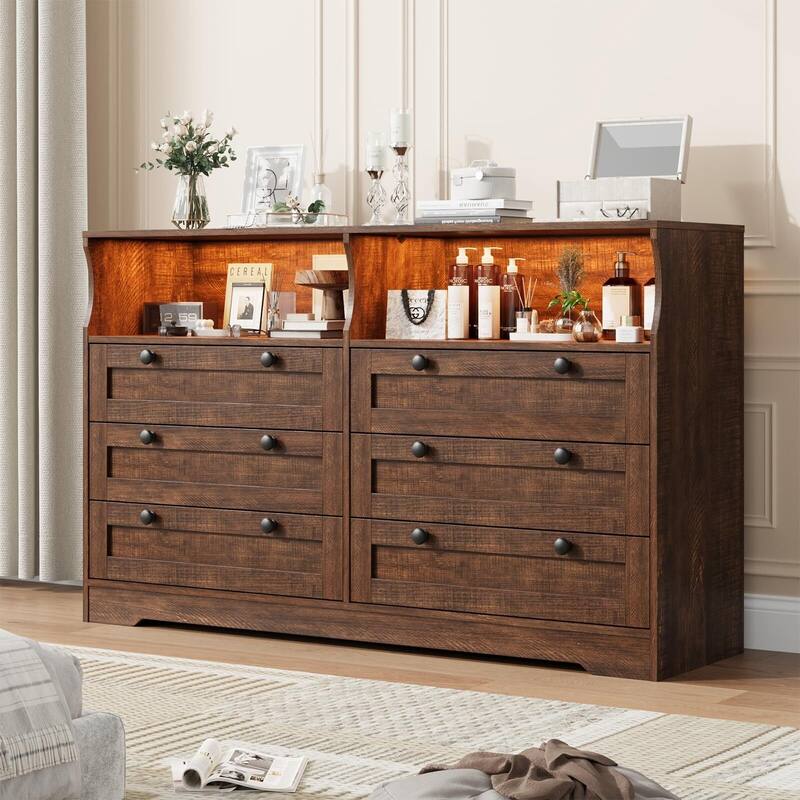 6 Drawer Dresser for Bedroom, 55" Wood Chest of Drawers with Charging Station, LED Lights and 2 Storage Compartments - Brown