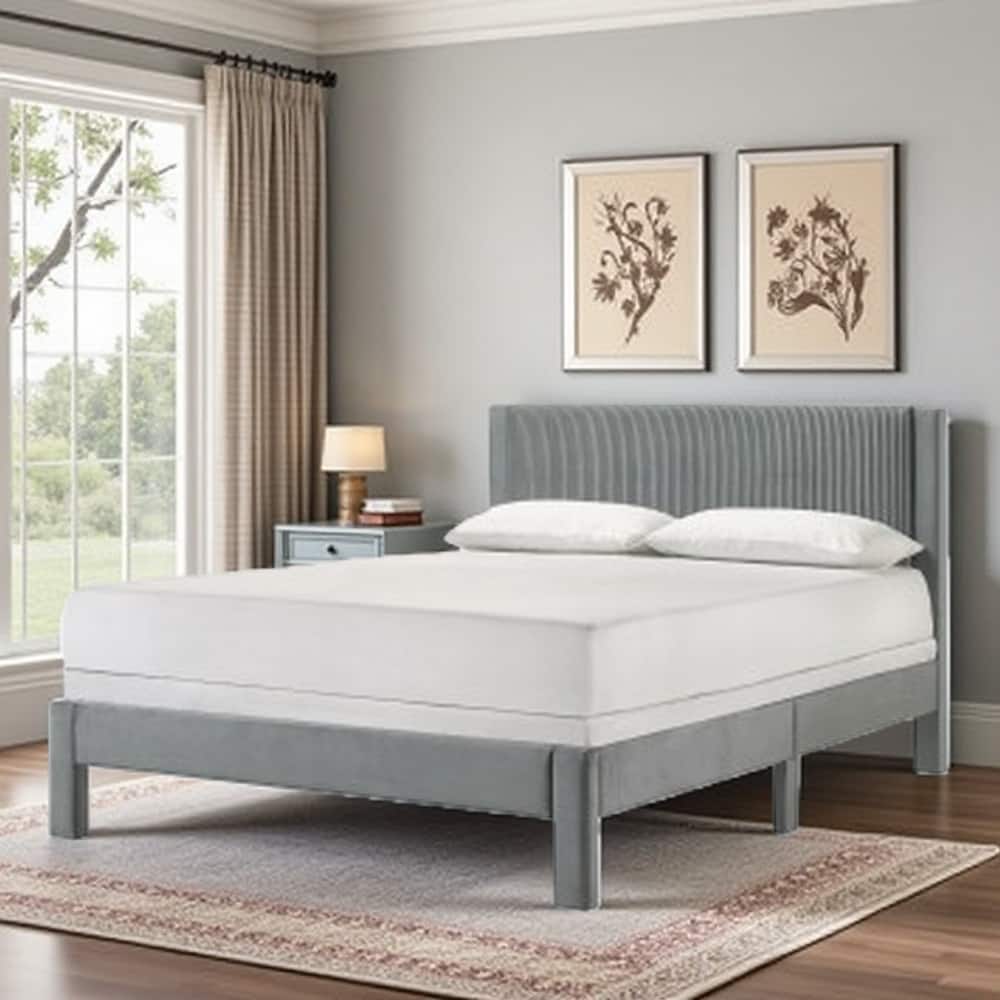 Twin Size Upholstered Platform Bed with Ribbed Plush Headboard, Low-Profile Frame for Youth Bedrooms