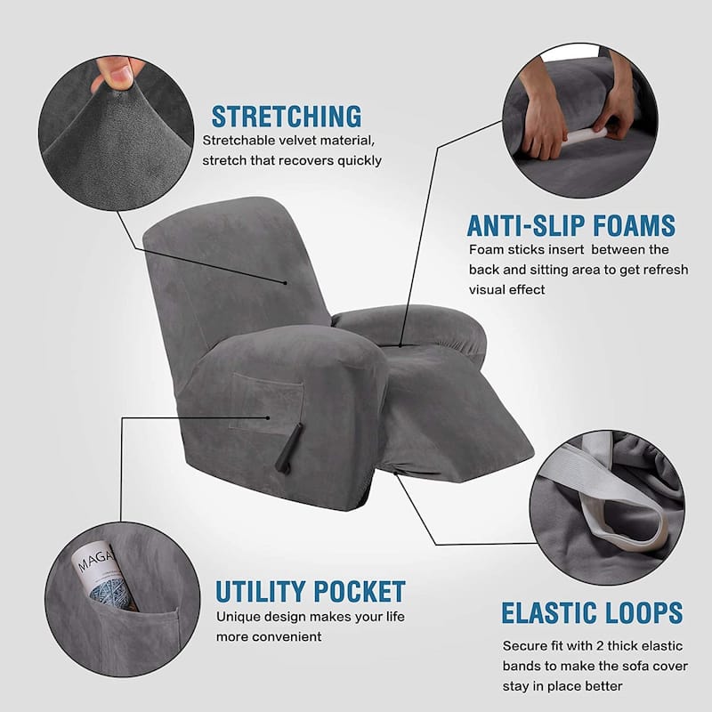 Enova Home Velvet Spandex Recliner Chair Slipcover with Elastic Bottom Side Pocket