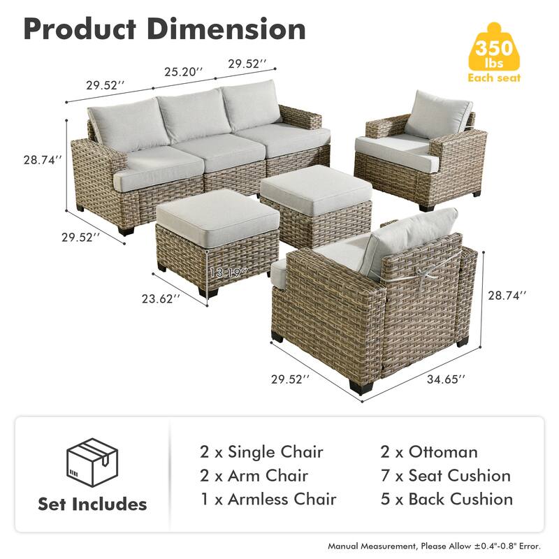 XIZZI 7 Pieces Patio Furniture Wide Armrest Conversation Sofa Set with Ottomans