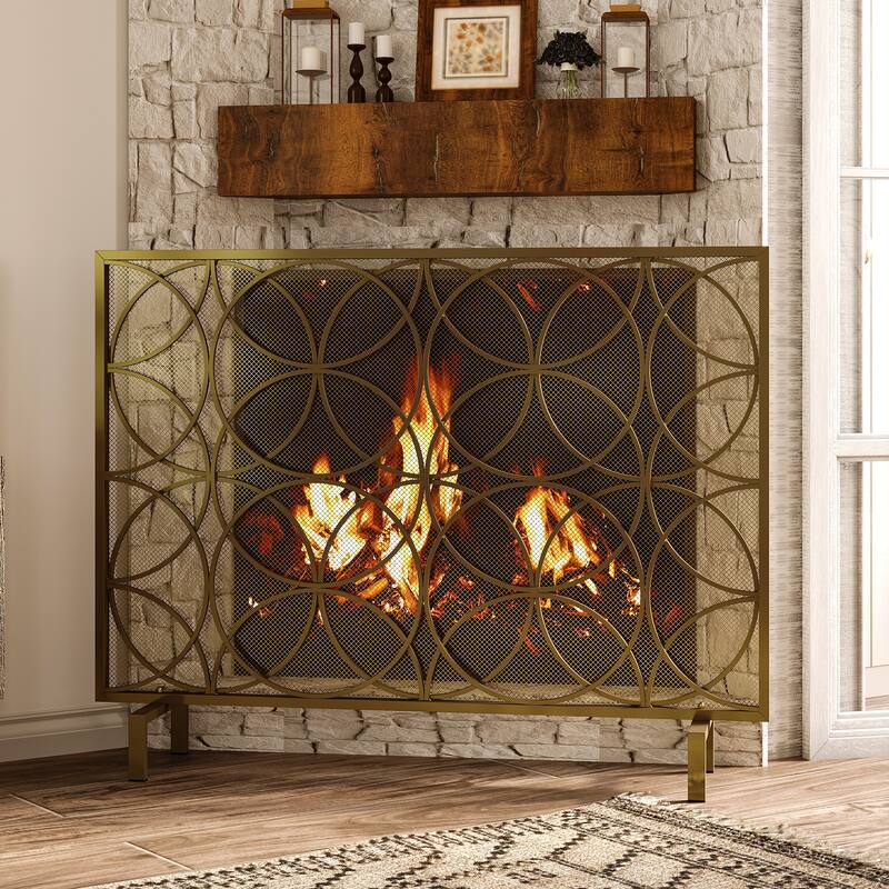 Gold Metal Fireplace Screen, Decorative Single Panel Fire Screen with Geometric Design, Mesh Spark Guard