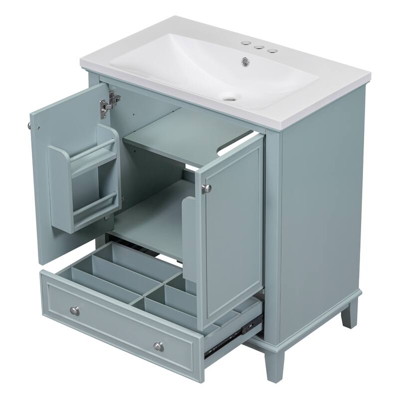Bathroom Vanity with Ceramic Sink, Solid Wood & MDF Base, 1 Drawer & 2 Doors, Adjustable Shelf - 30in L Solid Wood+MDF