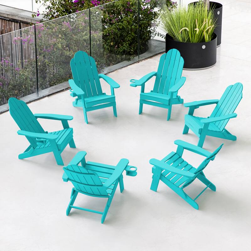 Foldable HDPS Weather Resistant Patio Adirondack Chairs With Cup Holder Set of 6 - 35"D x 30"W x 36.2"H - Aruba Blue