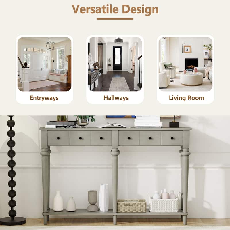 59" Retro Console Table with Open Shelf and 4 Drawers