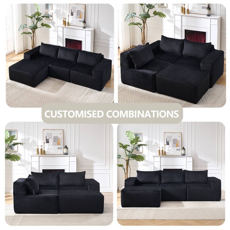 L-Shape Sectional Sofa with Ottoman, Fabric Upholstered Floor Cloud Couch, Modular Corner 3 Seat Sofa with Deep Seat