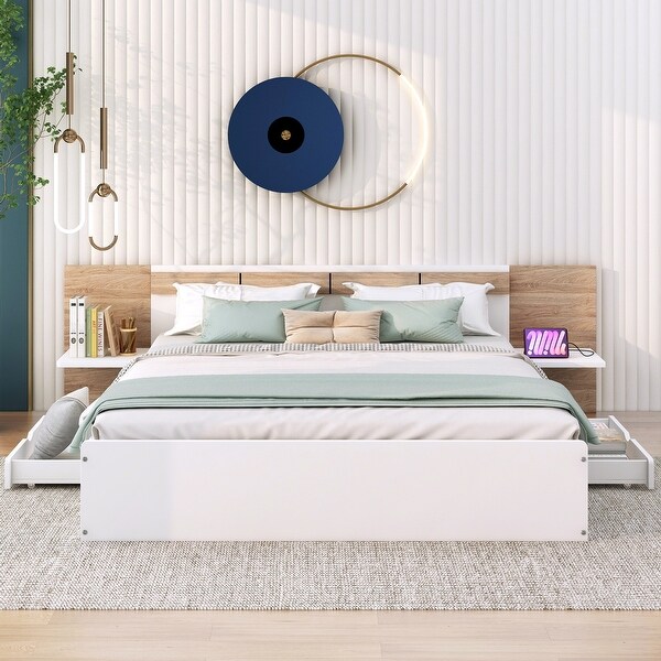 Queen Bed Frame with 2 Storage Drawers, Shelves and Long Headboard