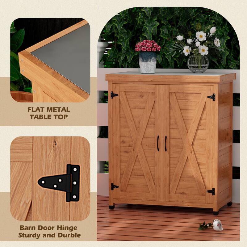 Potting Bench with Storage Cabinet and Metal Table Top for Outdoor Patio
