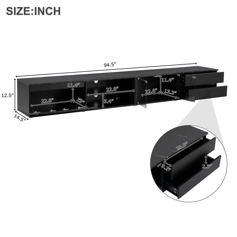 Modern APP Controlled LED TV Stand for TVs Up to 105'', Faux Marble Tabletop Media Console with Tempered Glass Doors & 2 Drawers